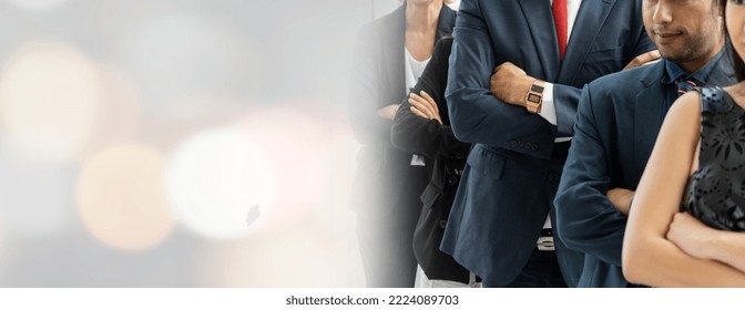 Successful Business People Standing Together Widen Out Showing Strong Relationship Of Worker Community. A Team Of Businessman And Businesswoman Expressing A Strong Group Teamwork At The Modern Office.