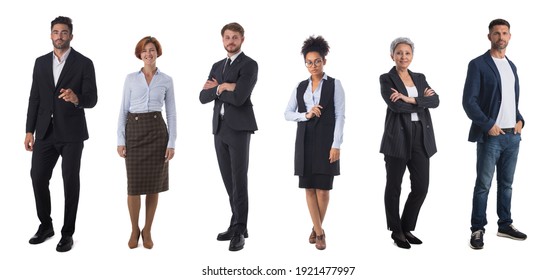 Successful Business Team. Full Length Portrait Of Group Of Confident Business People Showing Thumbs Up And Smiling. Design Element, Studio Isolated On White Background