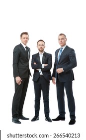 Successful Business Team. Full Length Of Group Of Confident Businessmen In Formal Wear Standing Close To Each Other. Isolated On White.