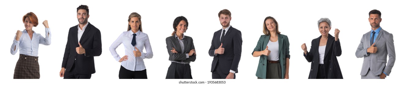 Successful business team. Portrait of group of confident business people showing thumbs up and smiling. Design element, studio isolated on white background - Shutterstock ID 1935683053