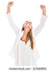 Successful Business Woman With Arms Up Celebrating - Isolated