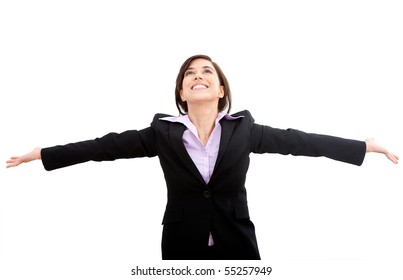 Successful Business Woman With Arms Up Isolated Over A White Background