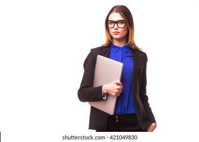 Successful Business Woman Holding A Laptop - Isolated Over White