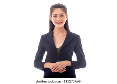 Successful Business Woman Portrait. Young Beautiful Chinese Girl Pose Confident. Isolated Over White Background. Half Body Shot.