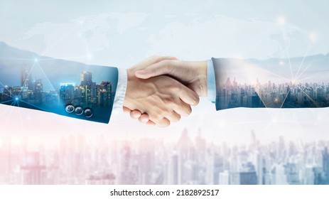 Successful Businessman Handshake Startup New Project At City Skyline Background, Double Exposure Of Professional Teamwork And Network Connection Partnership Concept, International Business Investment