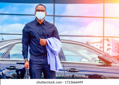 Successful Businessman Handsome African American Man In A Stylish Suit In A Blue Jacket Standing In Front Of A Cool New Black Car On The Street