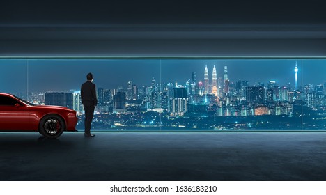 Successful Businessman Looking The City From His Garage With Luxury Car, Night Scene  .