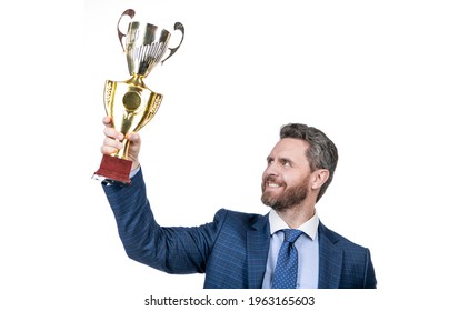 Successful Businessman Man In Suit Hold Champion Cup S Business Reward Isolated On White, Success.