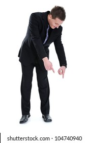 Successful businessman pointing down isolated