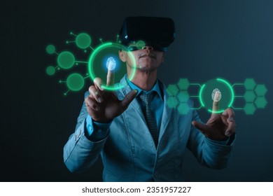 successful businessman is watching new project by using VR glasses with augmented reality while doing smart working from home in the living room during lockdown. Cyber Security Data Protection. - Powered by Shutterstock - Get 15% off with code: PIKWIZARD15
