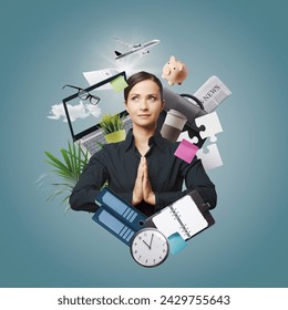 Successful businesswoman doing meditation surrounded by business items and office supplies, stress management and efficiency concept - Powered by Shutterstock - Get 15% off with code: PIKWIZARD15