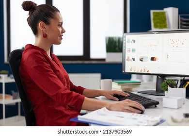 Successful Businesswoman Using Desktop Computer To Analyze Business Data. Smiling Entrepreneur Looking At Charts On Pc Screen In Startup Office. Employee In Red Shirt Working On Reports At Desk.