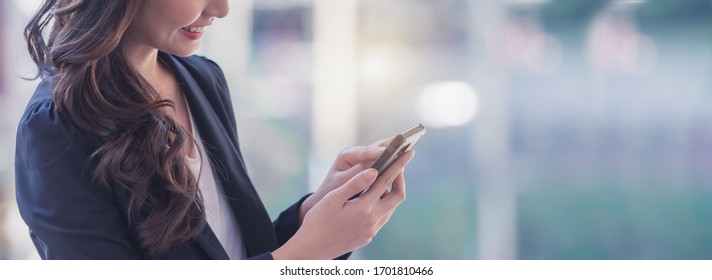 Successful Businesswoman Using Smart Phone, Banner With Space For Text.