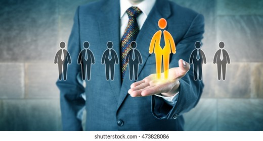 Successful Candidate Is Standing Out In A Lineup Of Seven Applicants. White Collar Profession Concept For Personal Career Development, Talent Acquisition, Unlocking Your Potential And Leadership.