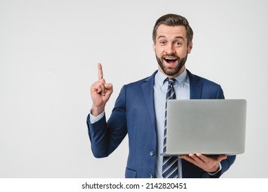 Successful caucasian young ceo freelancer businessman boss manager bank worker employee using laptop for distant work, occupation online, e-learning, e-banking having idea isolated in white background