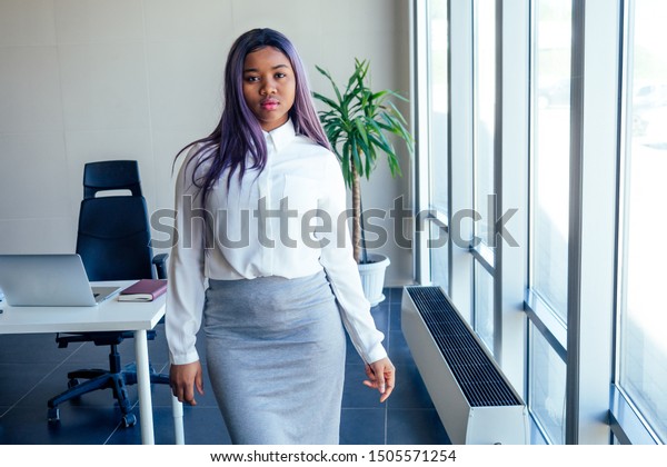 Successful Charming African American Woman Purple Stock Photo