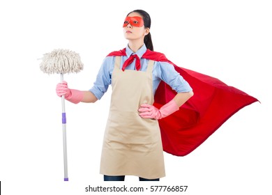 Successful Confidence Mixed Race Spring Cleaning Superhero Housewife Cleaning Floor With Mop. Isolated On White Background. Housework And Household Concept.