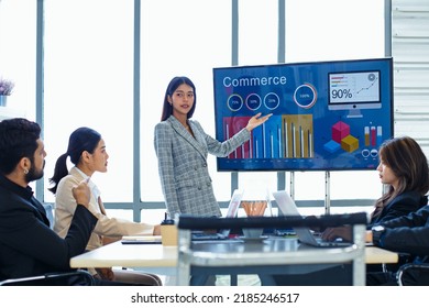 Successful confident smart asian young businesswoman shows data to group of Investors, Businessspeople. Projector. 4K TV flat screen Shows Graphs, Product Sales, Revenue Growth Strategy,