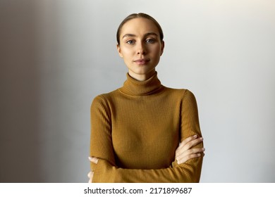 Successful Confident Woman Turtleneck Holding Arms Stock Photo ...