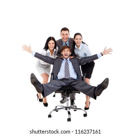 Successful Excited Business People Group Team Push Colleague Sitting In Chair, Young Businesspeople Smile Raised Hands Arms, Isolated Over White Background, Concept Of Leader Success Collaboration