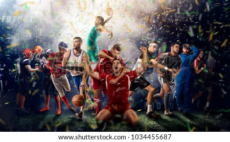 successful football, soccer, basketball, baseball, tennis players, cars, boxing fighters on professional 3D basketball court arena in lights with confetti, serpantine and smoke. collage, multi ,sport