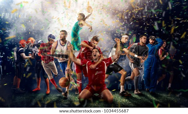 successful football, soccer, basketball, baseball,\
tennis players, cars, boxing fighters on professional 3D basketball\
court arena in lights with confetti, serpantine and smoke. collage,\
multi ,sport