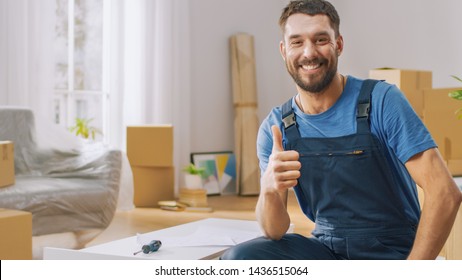 Successful Furniture Assembly Worker Finishes Assembling Shelf and Shows Thumbs Up Smilingly. Professional Handyman Doing Assembly Job Well, Helping People who Move into New House. - Powered by Shutterstock