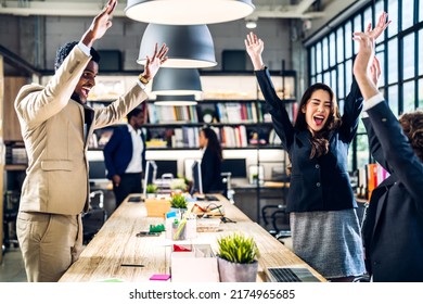 Successful Of Group Professional Business People To Win Of Celebrating Project Success.Creative Business Giving Hi Five Good Teamwork Together At Office