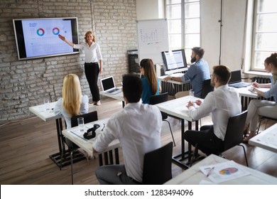 Successful Happy Group Of People Learning Software Engineering And Business During Presentation