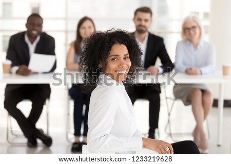 Successful happy mixed race applicant with hr recruiting team portrait, smiling african american woman vacancy candidate or job interview winner looking at camera getting hired, employment concept