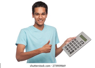 Successful happy young man with big calculator.
