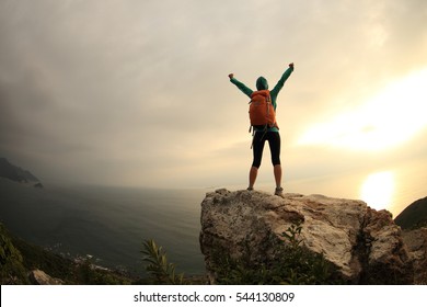 Man On Top Mountain Exulting Sunset Stock Photo (edit Now) 303929594