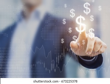 Successful international financial investment concept with business person showing growth, charts and dollar sign, digital technology