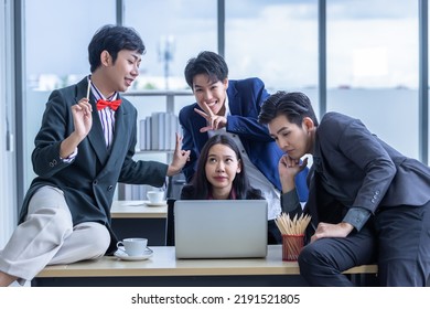 Successful Joke Happy Workers Group Of Asian Business People With Diverse Genders (LGBT) Workers With In Company Support In The Meeting Room At Office