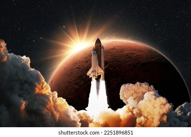 Successful launch of new space shuttle rocket with blast and smoke into space with red planet mars at sunset. Amazing spaceship with astronauts takes off to Mars in starry sky - Powered by Shutterstock