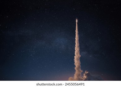 Successful launch of a space rocket into outer space. Spaceship lift off into the starry sky. Travel and exploration other planets, concept.