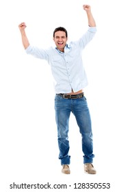 Successful Man Celebrating With Arms Up - Isolated Over White