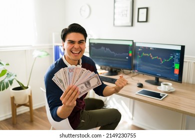 Successful Man Screaming With Happiness While Earning A Lot Of Money For Investing In The Stock Market And Cryptocurrency