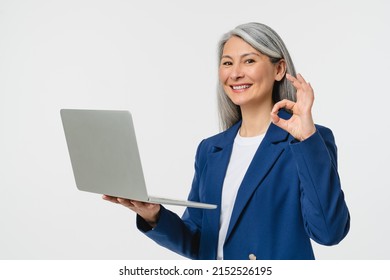 Successful Mature Middle-aged Businesswoman CEO Freelancer Boss Bank Manager Showing Okay Gesture And Using Laptop For E-learning, Distant Work, Watching Webinars, E-banking, E-commerce Isolated