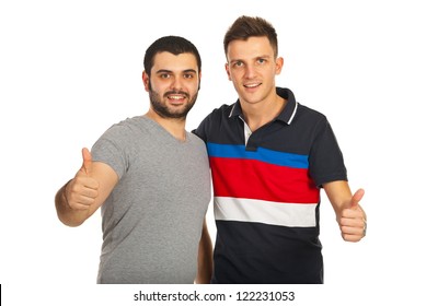 Successful men friendship giving  thumbs up isolated on white background