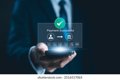 Successful Payment Confirmation in Online Digital Banking. Businessman holds smartphone displaying "Payment Successful" message, with icons represent online transactions, financial technology, fintech - Powered by Shutterstock