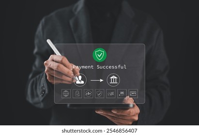 Successful Payment Confirmation in Online Digital Banking. Businesswoman holds tablet displaying "Payment Successful" message, with icons represent online transactions, financial technology, fintech - Powered by Shutterstock