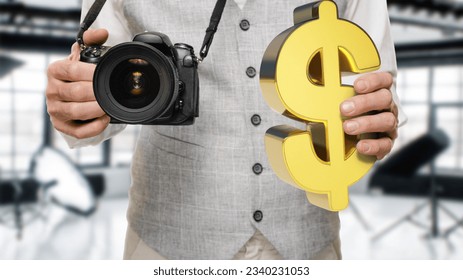 Successful professional photographer with digital camera and dollar sign. The concept of photography as a business. - Shutterstock ID 2340231053