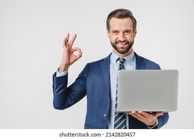 Successful Rich Bank Worker Employee Businessman Ceo Boss Using Laptop Showing Okay Gesture, Watching Webinars, Working Remotely Online Isolated In White Background