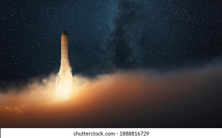 Successful rocket take off into the starry sky with the milky way. Space mission start. spacecraft launches and lift off 
