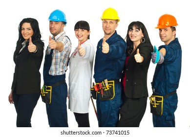 Successful Six People With Different Careers Giving Thumbs Up And Standing In A Line Isolated On White Background