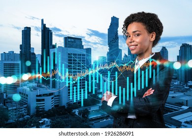 Successful Smiling Attractive Black Woman Trader Suggesting A New Strategy Of Investment In Stocks To Grow Client Income. Woman In Business Concept. Forex Chart. Bangkok. Double Exposure.