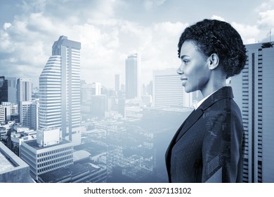 Successful Smiling Black African American Business Woman In Suit. Bangkok Cityscape. The Concept Of Woman In Business. Legal Consultant. Double Exposure.