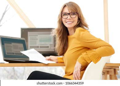 Successful smiling mature businesswoman using laptop and computer while doing some paperwork at the office. 