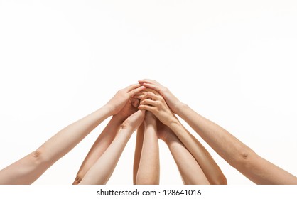 Successful Team: Many Hands Holding Together On White Background